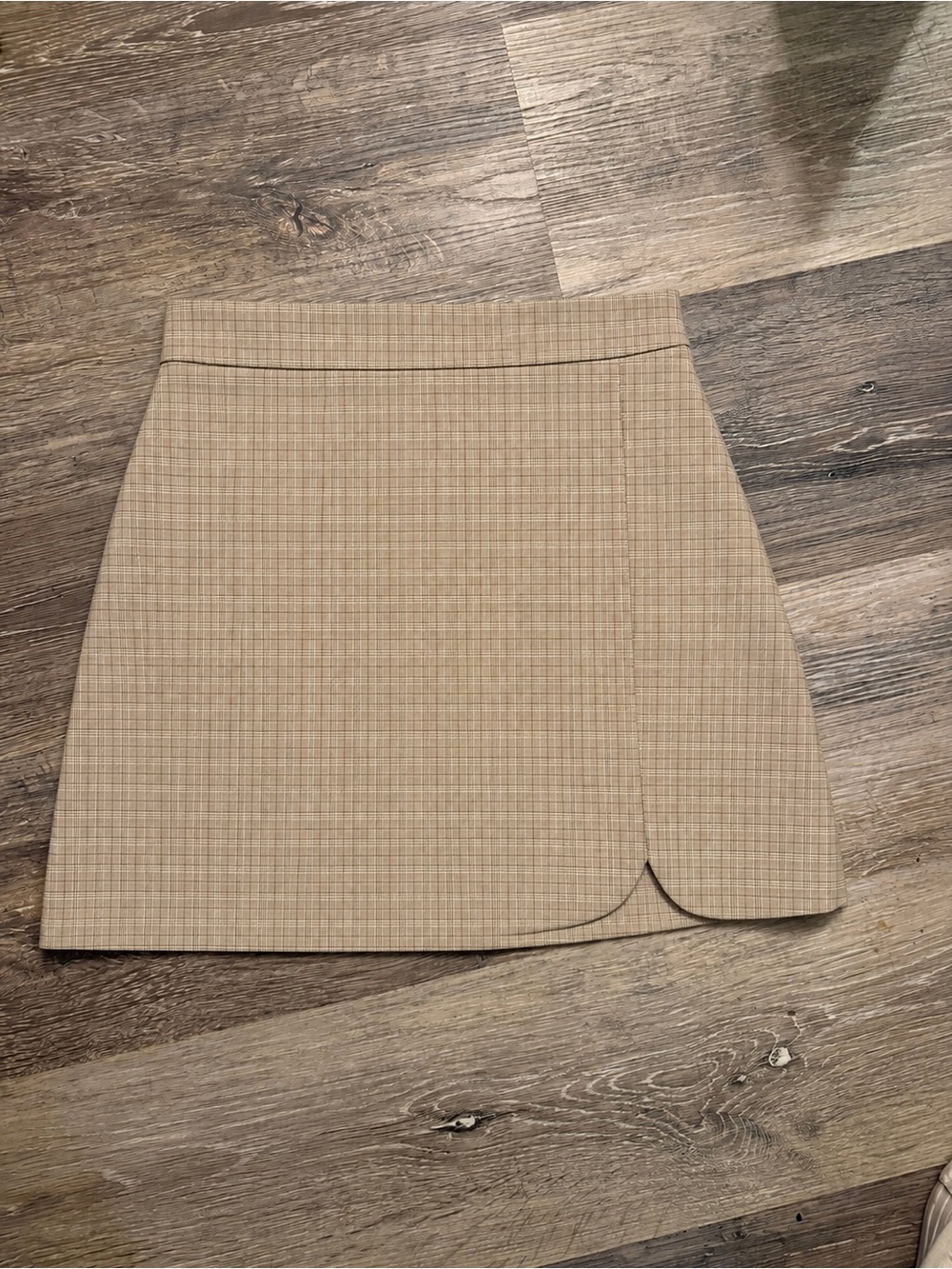 Plaid Tan Mini Skirt with Curved Hem